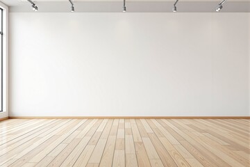 Poster - Empty room with wooden floor, white wall, and ceiling lights in a minimalist modern style on a bright indoor background, concept of interior design. Ai generative