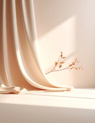 Wall Mural - Soft beige curtain drapes elegantly beside twig with leaves, casting gentle shadows in warm sunlight. minimalist scene evokes tranquility and simplicity