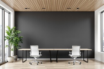 Poster - Contemporary office with minimalist furniture, wooden ceiling, and indoor plant beside large windows over cityscape, promoting modern workspace design. Ai generative
