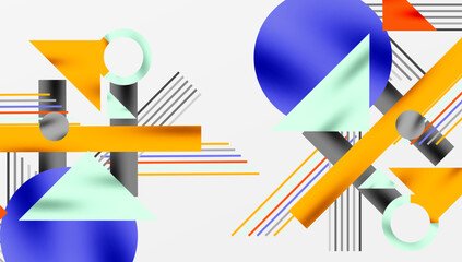 Leinwandbilder - Abstract geometric composition. Shapes overlap, creating dynamic visual experience. Colors include blue, orange, teal, gray. Lines add texture.