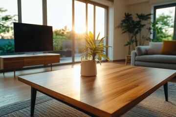 Poster - Sunset living room decor with indoor plant modern apartment photography cozy environment close-up view home aesthetics