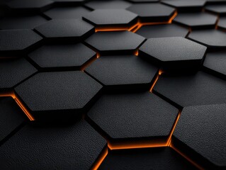 Poster - Textured black hexagonal tiles with glowing orange edges creating a modern and stylish background design for digital or print projects