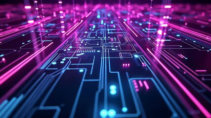 Poster - Futuristic digital circuit design illuminated by neon lights in a cybernetic landscape, Futuristic neon lights and digital circuits in abstract technology background Technology concept