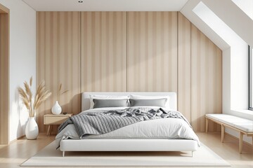 Poster - Bright minimalist bedroom with soft wood paneling, clean modern design, and cozy decor on light floor background. Concept of peaceful interior. Ai generative