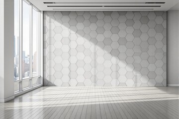 Poster - Empty modern room with hexagon wall tiles, minimalistic style, wooden floor, cityscape background view, concept of contemporary architecture. Ai generative