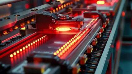 Poster - Closeup view of an automated production line highlighting glowing components in a hightech environment, Closeup of an automated production line with glowing red componentsing on a conveyor belt