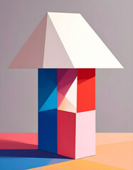 Wall Mural - Minimalist abstract illustration of table lamp using geometric shapes and color blocks, featuring pyramid shaped shade and colorful base
