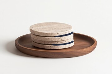 Poster - Stacked light beige coasters with dark blue accents on a wooden tray.