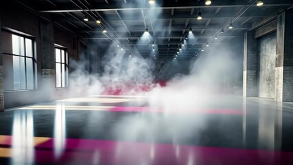 Poster - Empty industrial warehouse with smoky atmosphere and colored lights