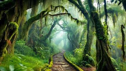 Poster - Enchanted Forest Path A Mystical Journey Through Lush Greenery and Ancient Trees