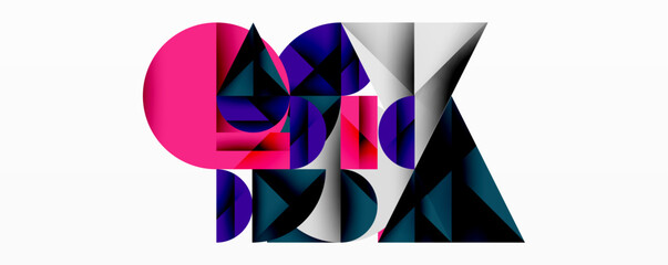 Poster - Abstract geometric composition. Shapes overlap, creating vibrant color contrasts. Pink, purple, teal dominate white background. Modern design.