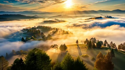 Poster - Golden Sunrise Over Rolling Hills and Misty Forest