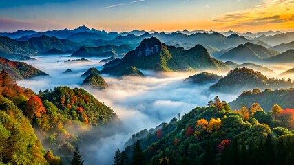 Poster - Tranquil Dawn Over Misty Mountain Peaks A Colorful Autumn Landscape