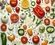 © Udin - Colorful array of fresh vegetables and fruits, arranged artistically on a white surface.  Sliced and whole specimens of various types create a vibrant pattern