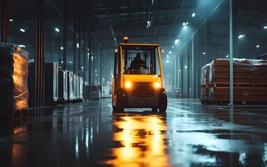 Poster - A bright yellow forklift maneuvers through a spacious warehouse, illuminated by overhead lights reflecting off the wet floor, showcasing the dynamics of modern industrial operation