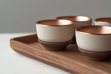 Poster - Elegant ceramic cups with copper rims on a wooden tray.