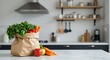 © Dostain - Vibrant assortment of vegetables in a brown paper grocery bag on a kitchen marble surface