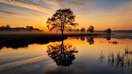 Poster - Serene Golden Sunrise A Tranquil Landscape of Mist, Water, and Trees