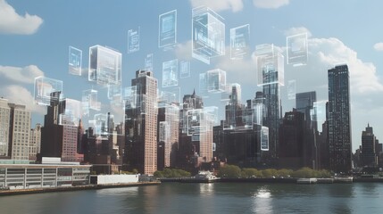Poster - A futuristic city skyline featuring digital holograms overlaying modern skyscrapers, symbolizing innovation and the integration of technology in urban environments.
