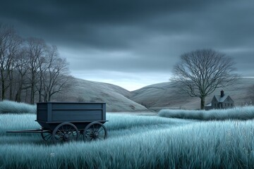 Poster - a dark gothic landscape with a lone handcart under thunderclouds and eerie light