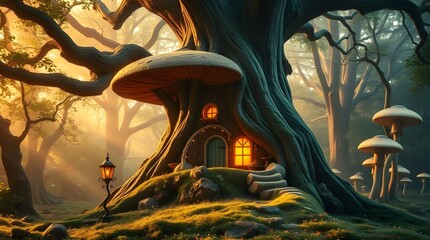 Wall Mural - In a mystical forest, a whimsical treehouse with illuminated windows nestles beneath a giant mushroom cap. Sunlight filters through the trees, casting a magical glow across the scene.