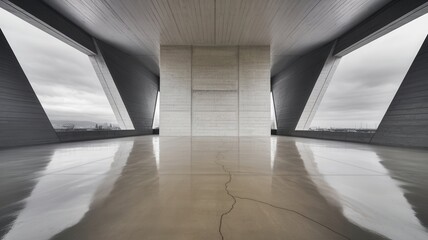 Poster - Symmetrical Interior Space of a Modern Building with Angular Windows and Polished Floor