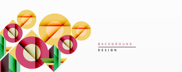 Leinwandbilder - Abstract geometric composition. Overlapping circles, rectangles create dynamic visual effect. Warm colors dominate, contrasted by cooler green accents. Modern design element.