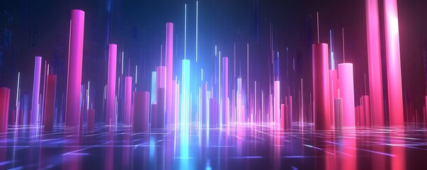 Poster - Abstract digital landscape featuring colorful light beams and vibrant shapes. Ideal for backgrounds, technology themes, or artistic projects that require a futuristic touch.