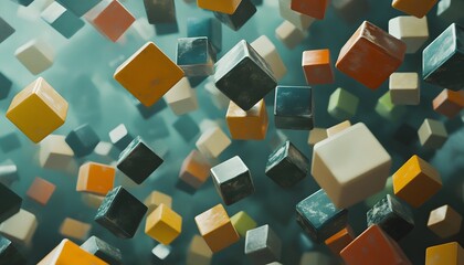 Poster - An abstract representation of colorful 3D cubes floating in a dynamic space, creating a sense of movement and creativity. Ideal for projects needing modern design elements.