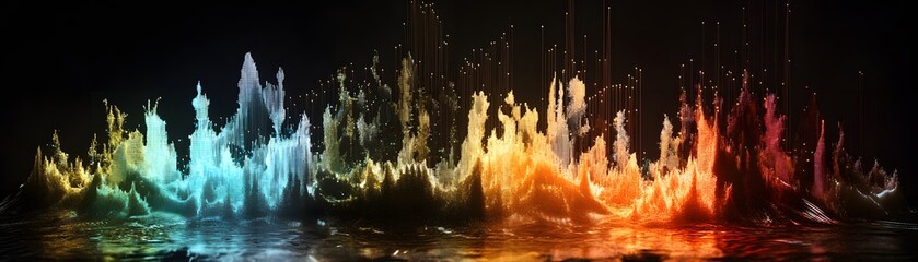 Poster - An artistic depiction of colorful liquid splashes creating a vibrant wave effect, blending shades of blue, orange, and yellow against a dark background, perfect for creative projec