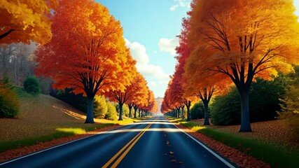 Poster - Driving Down a Scenic Road Lined with Vibrant Autumn Trees on a Sunny Day