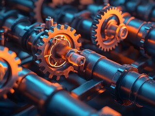 Poster - Intricate gears and mechanisms showcasing precision engineering in a vibrant industrial setting.