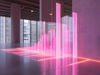Poster - Futuristic data visualization in a modern space, showcasing colorful bars representing statistical analysis and digital transformation, blending art with technology.