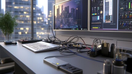 city view office, programmer works, desk setup, cables, monitors