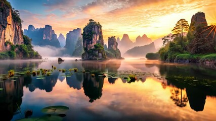 Aufkleber - Serene Sunrise Over Tranquil Lake with Majestic Rock Formations and Lush Greenery