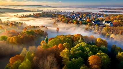 Poster - Autumn Sunrise Over a Misty Village An Aerial View of Nature's Beauty