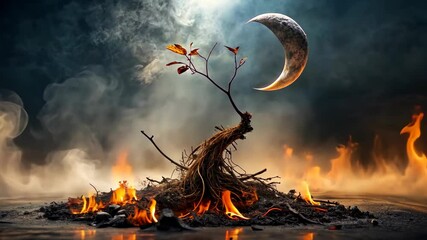 Aufkleber - A lone sapling with exposed roots burns in a mystical fire beneath a crescent moon.