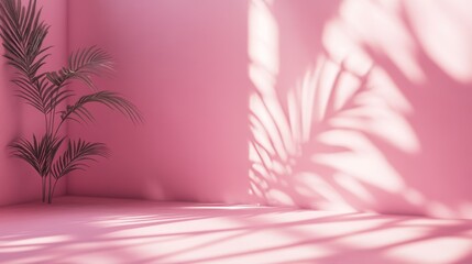 Poster - Pink background for showing off products. A simple room with plant shadows, like a summer stage. Has space for text. It's a bit blurry.
