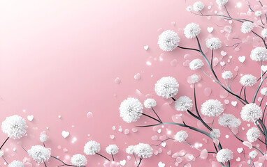 Poster - Elegant floral illustration featuring delicate white blossoms, heart shapes, and floating petals against a soft pink background