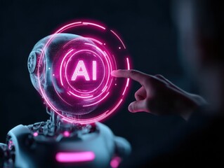 Poster - Ai interface touched by a robot hand glowing futuristic design