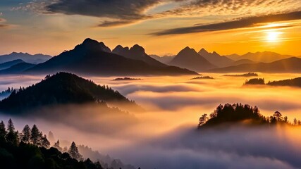 Poster - Sunrise Over Misty Mountain Peaks A Breathtaking View of Nature's Beauty