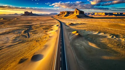 Poster - Aerial view of a scenic highway winding through a vast desert landscape at sunset
