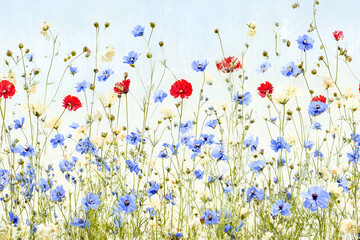 Aufkleber - A vibrant watercolor painting depicting a field of blooming cornflowers and cosmos in shades of blue red and white