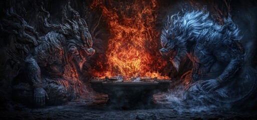 Poster - Epic battle of elemental beasts ancient realm digital art fantasy dramatic perspective fire vs ice concept