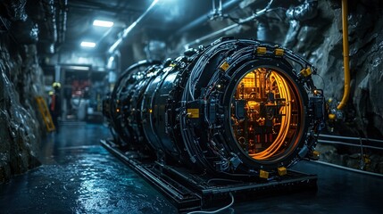 Poster - Innovative underwater lab exploring advanced submarine technology and futuristic design in industrial environments
