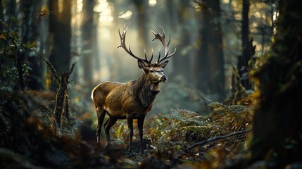 Poster - Majestic stag roaming through a misty forest in autumn wildlife photography tranquil nature scene