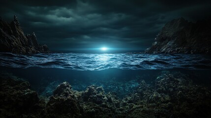 Wall Mural - Serene moonlit underwater mysteries exploring the dark depths of coastal waters
