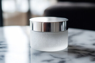 Poster - Stylish, frosted, cosmetic jar on a marble surface.