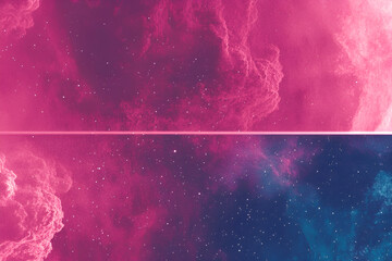 Poster - Abstract cosmic design featuring a celestial atmosphere with nebula clouds and stars in a vibrant magenta and blue color palette.