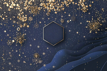 Poster - Elegant winter background with gold glittering details and geometric snowflake elements for festive designs